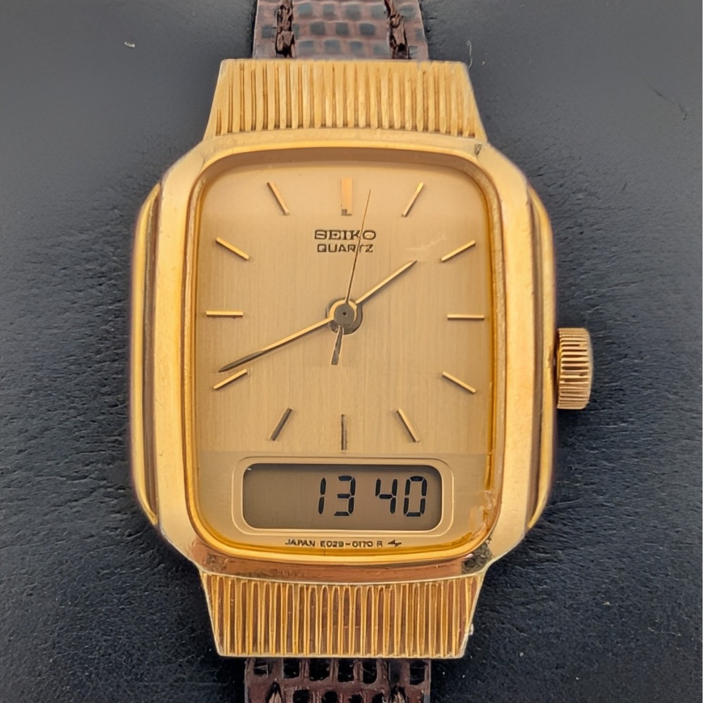 Seiko E029-5159 Ana Digi Gold Tone Rectangular Watch Champagne Dial Vintage - Picture 2 of 10